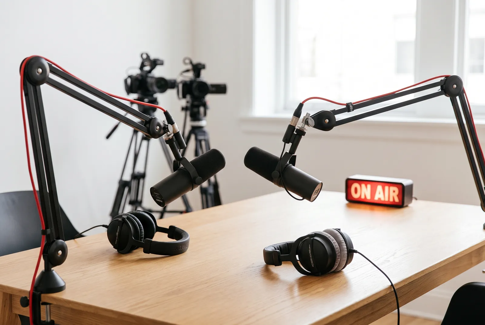 Set de podcast con micrófonos y cámaras en estudio