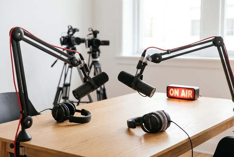 Set de podcast con micrófonos y cámaras en estudio